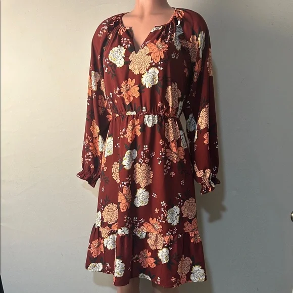 LOFT Outlet Petite Fit & Flare Dress Floral Long Sleeve Ruffle Size 2 Petite - Picture 2 of 10